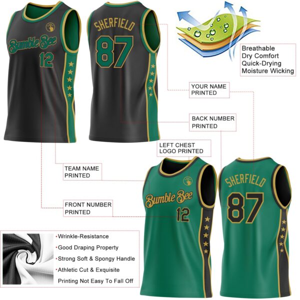 Custom Reversible Black Kelly Green-Old Gold Double Side Star Sublimation Basketball Suit Jersey