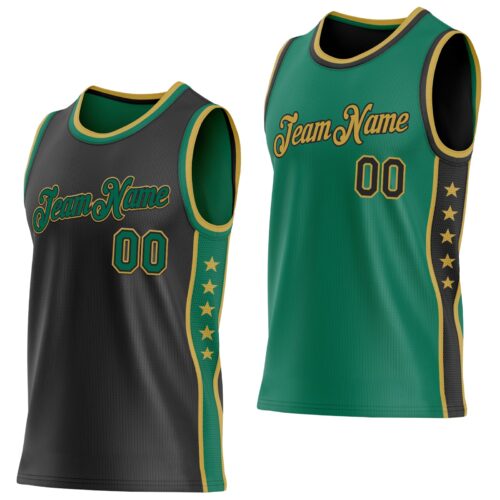 Custom Reversible Black Kelly Green-Old Gold Double Side Star Sublimation Basketball Suit Jersey