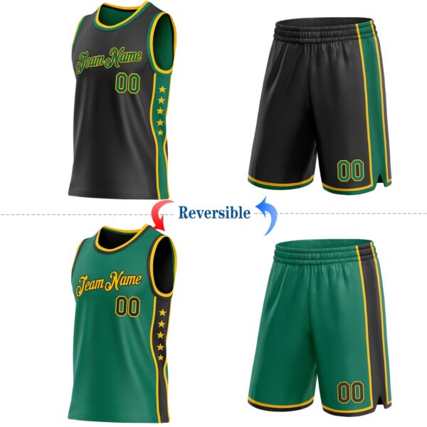 Custom Reversible Black Kelly Green-Gold Double Side Star Sublimation Basketball Suit Jersey