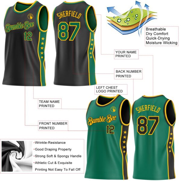 Custom Reversible Black Kelly Green-Gold Double Side Star Sublimation Basketball Suit Jersey