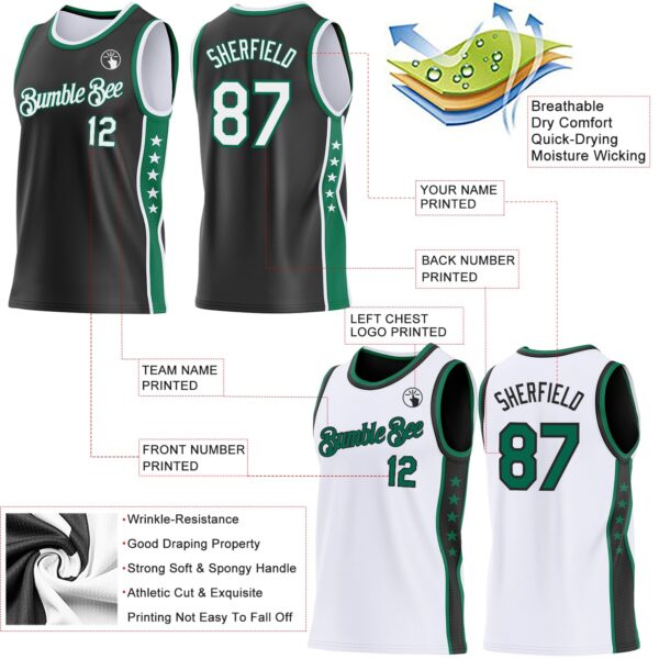 Custom Reversible Black White-Kelly Green Double Side Star Sublimation Basketball Suit Jersey
