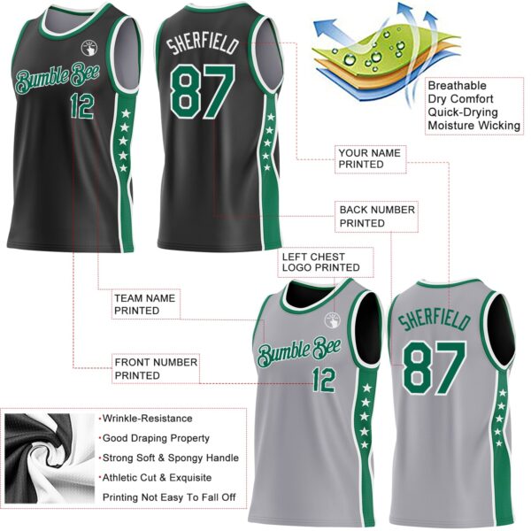 Custom Reversible Black Kelly Green-White Double Side Star Sublimation Basketball Suit Jersey