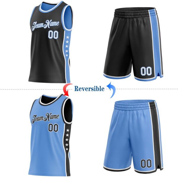 Custom Reversible Black White-Lakes Blue Double Side Star Sublimation Basketball Suit Jersey