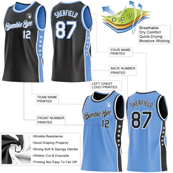 Custom Reversible Black White-Lakes Blue Double Side Star Sublimation Basketball Suit Jersey