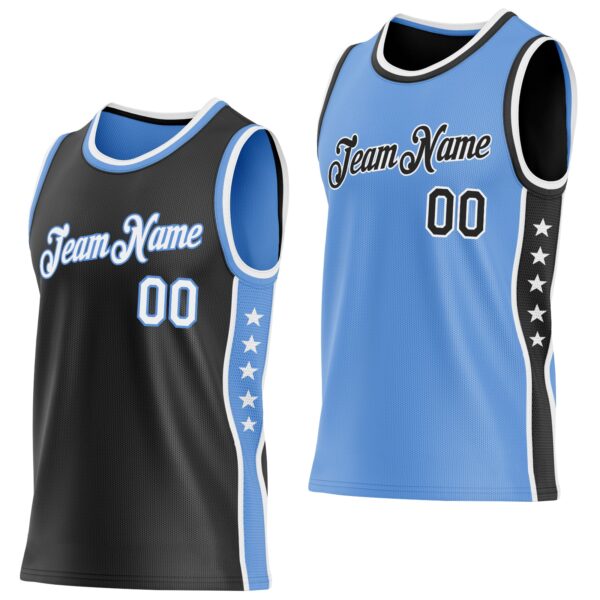 Custom Reversible Black White-Lakes Blue Double Side Star Sublimation Basketball Suit Jersey