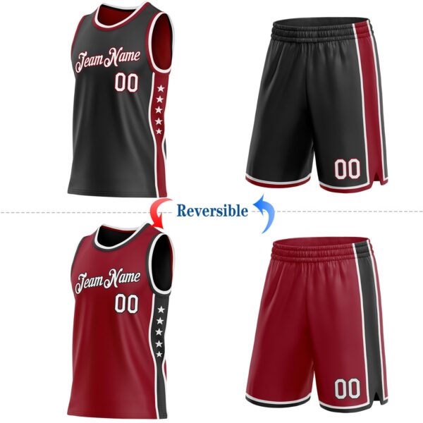 Custom Reversible Black White-Crimson Double Side Star Sublimation Basketball Suit Jersey