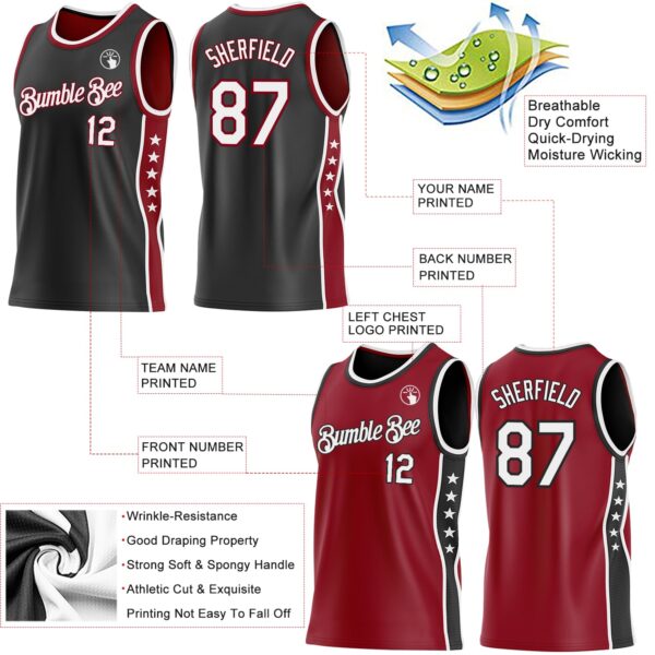 Custom Reversible Black White-Crimson Double Side Star Sublimation Basketball Suit Jersey