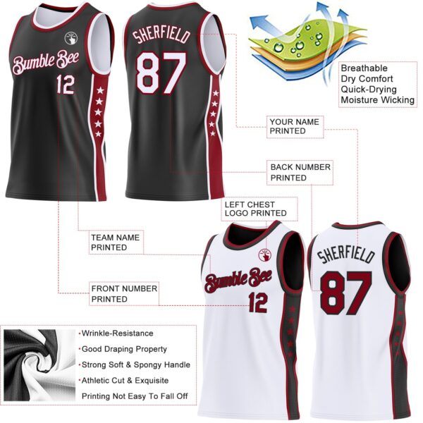 Custom Reversible Black White-Crimson Double Side Star Sublimation Basketball Suit Jersey
