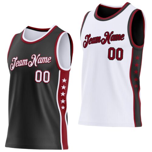 Custom Reversible Black White-Crimson Double Side Star Sublimation Basketball Suit Jersey
