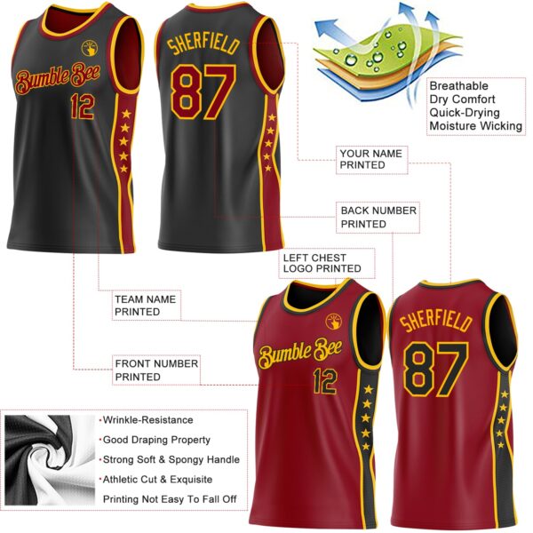 Custom Reversible Black Crimson-Gold Double Side Star Sublimation Basketball Suit Jersey