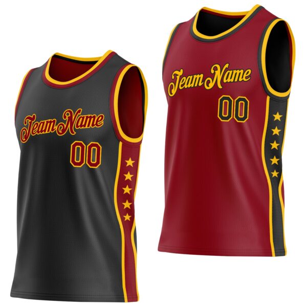 Custom Reversible Black Crimson-Gold Double Side Star Sublimation Basketball Suit Jersey