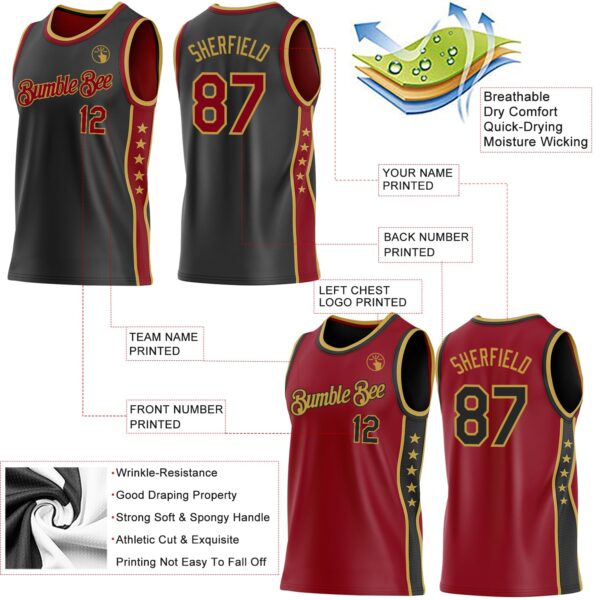 Custom Reversible Black Crimson-Old Gold Double Side Star Sublimation Basketball Suit Jersey