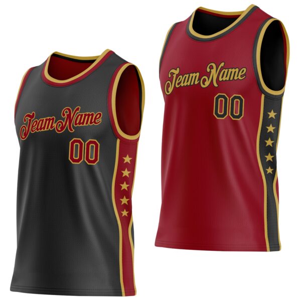 Custom Reversible Black Crimson-Old Gold Double Side Star Sublimation Basketball Suit Jersey