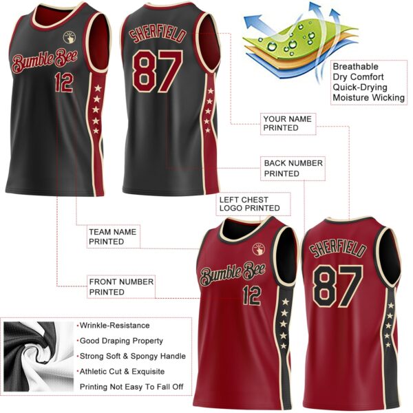 Custom Reversible Black Crimson-Cream Double Side Star Sublimation Basketball Suit Jersey