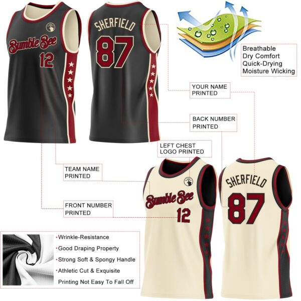 Custom Reversible Black Crimson-Cream Double Side Star Sublimation Basketball Suit Jersey