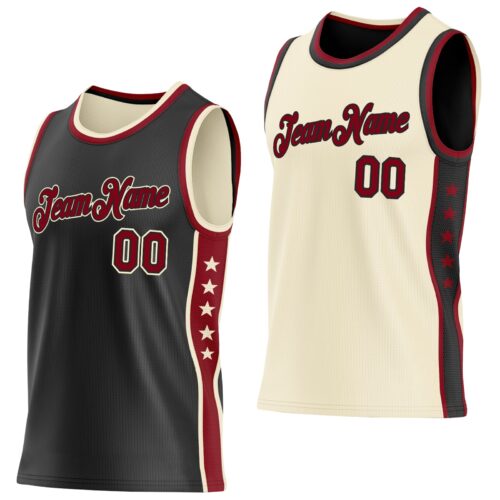 Custom Reversible Black Crimson-Cream Double Side Star Sublimation Basketball Suit Jersey