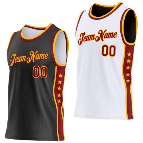 Custom Reversible Black Crimson-Gold Double Side Star Sublimation Basketball Suit Jersey