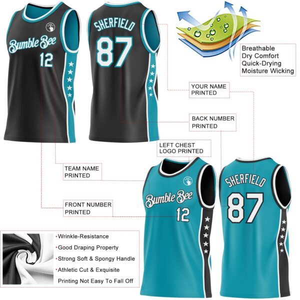 Custom Reversible Black White-Teal Double Side Star Sublimation Basketball Suit Jersey