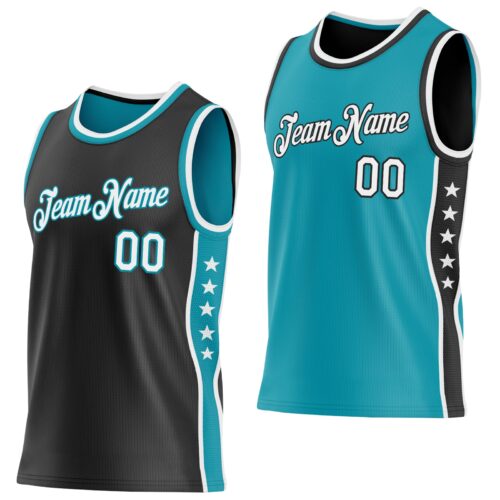 Custom Reversible Black White-Teal Double Side Star Sublimation Basketball Suit Jersey