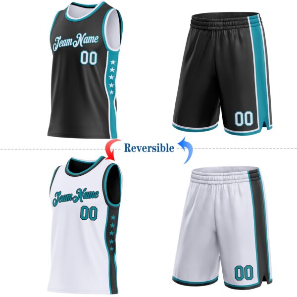 Custom Reversible Black White-Teal Double Side Star Sublimation Basketball Suit Jersey