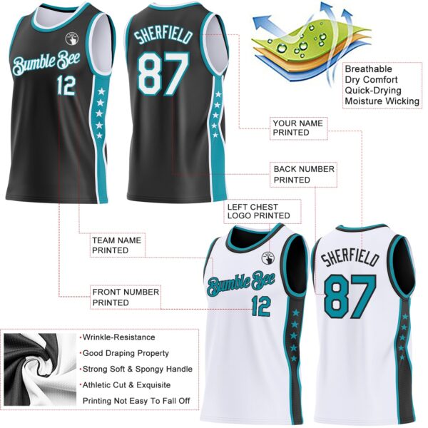 Custom Reversible Black White-Teal Double Side Star Sublimation Basketball Suit Jersey