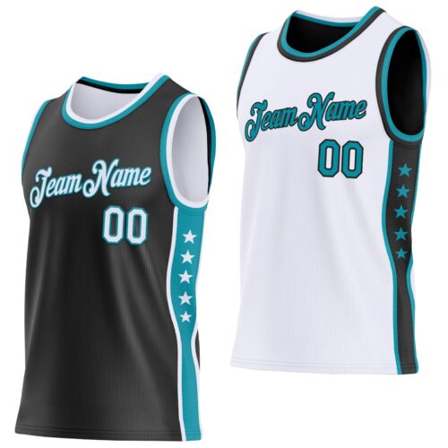 Custom Reversible Black White-Teal Double Side Star Sublimation Basketball Suit Jersey