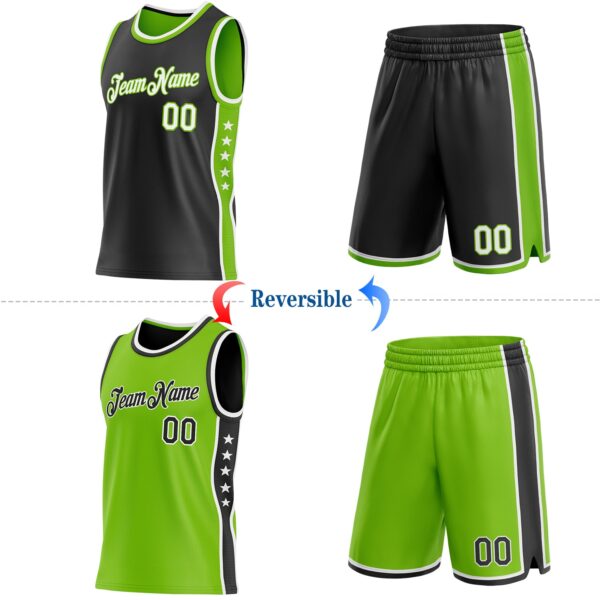 Custom Reversible Black White-Neon Green Double Side Star Sublimation Basketball Suit Jersey
