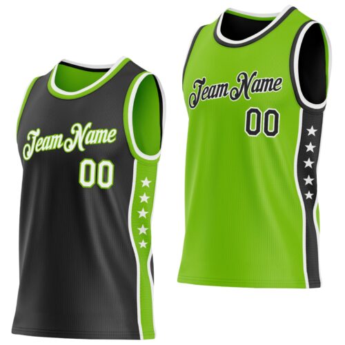 Custom Reversible Black White-Neon Green Double Side Star Sublimation Basketball Suit Jersey