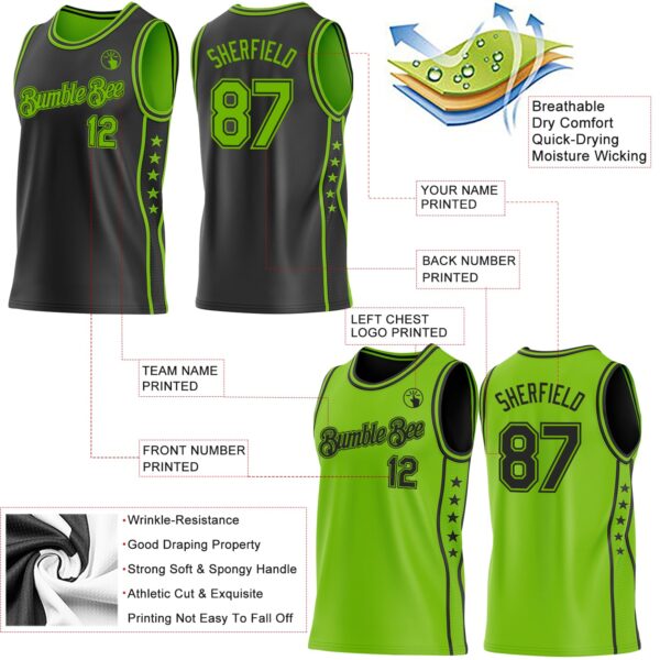 Custom Reversible Black Neon Green Double Side Star Sublimation Basketball Suit Jersey