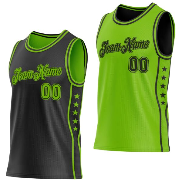 Custom Reversible Black Neon Green Double Side Star Sublimation Basketball Suit Jersey