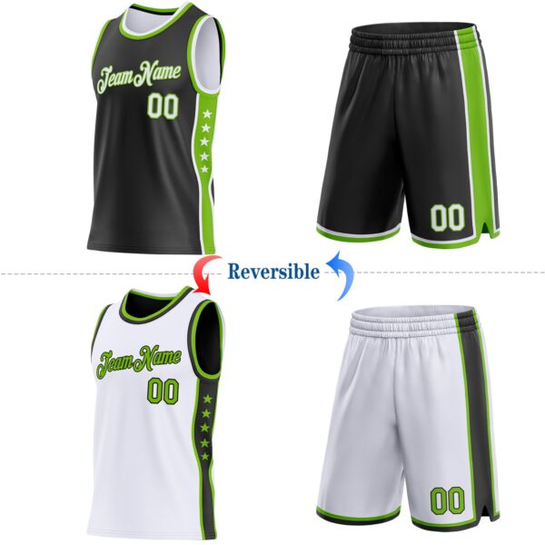 Custom Reversible Black White-Neon Green Double Side Star Sublimation Basketball Suit Jersey