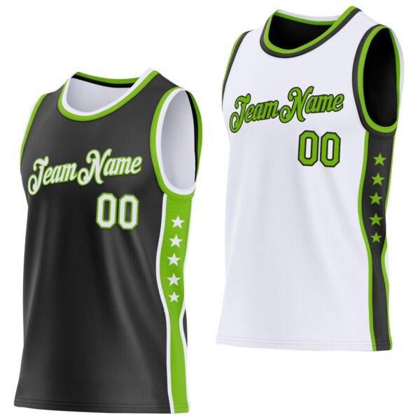 Custom Reversible Black White-Neon Green Double Side Star Sublimation Basketball Suit Jersey
