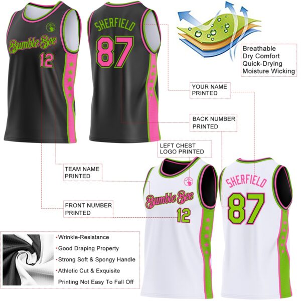 Custom Reversible Black Pink-Neon Green Double Side Star Sublimation Basketball Suit Jersey