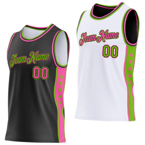 Custom Reversible Black Pink-Neon Green Double Side Star Sublimation Basketball Suit Jersey