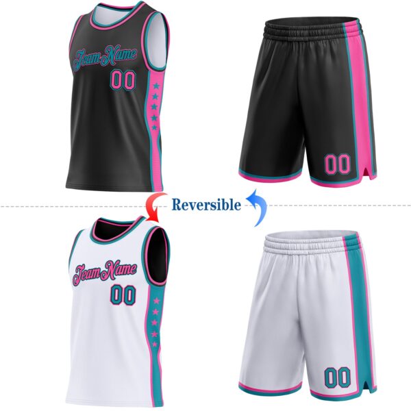 Custom Reversible Black Pink-Teal Double Side Star Sublimation Basketball Suit Jersey