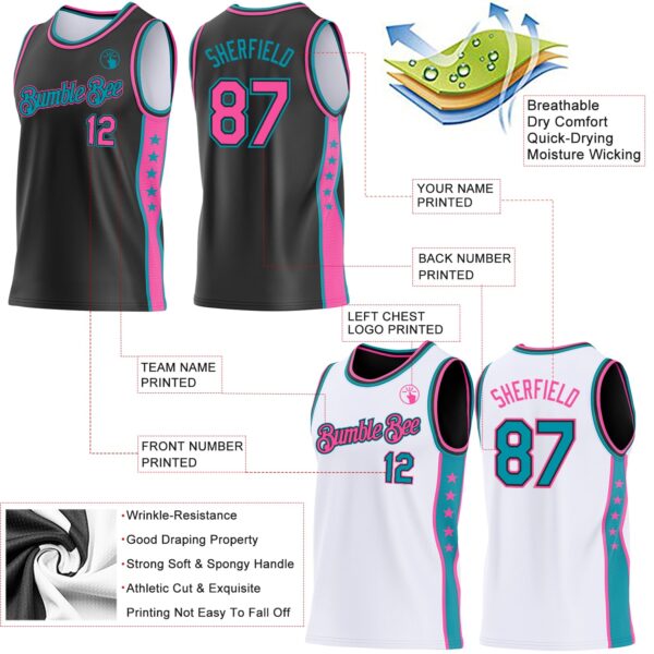 Custom Reversible Black Pink-Teal Double Side Star Sublimation Basketball Suit Jersey