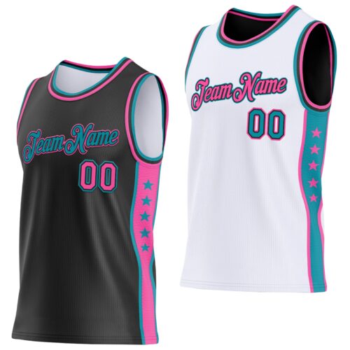 Custom Reversible Black Pink-Teal Double Side Star Sublimation Basketball Suit Jersey