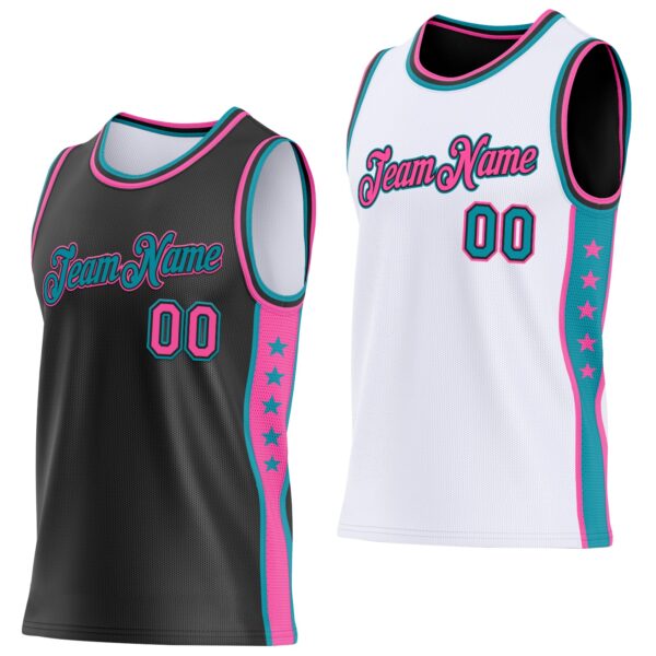 Custom Reversible Black Pink-Teal Double Side Star Sublimation Basketball Suit Jersey