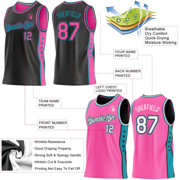 Custom Reversible Black Pink-Teal Double Side Star Sublimation Basketball Suit Jersey