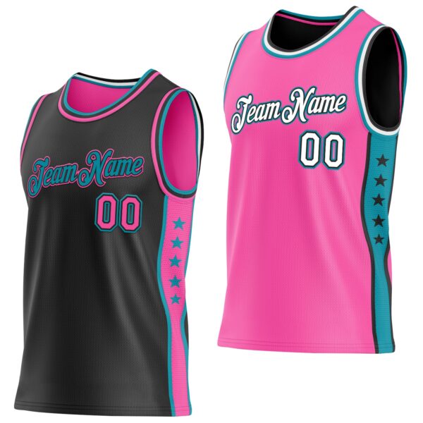 Custom Reversible Black Pink-Teal Double Side Star Sublimation Basketball Suit Jersey