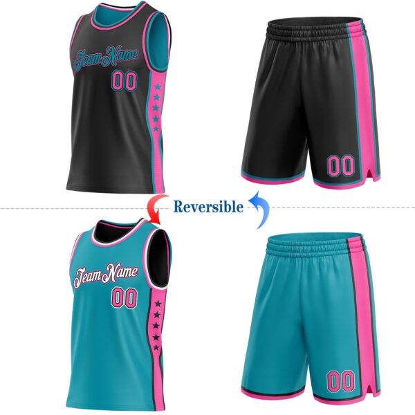 Custom Reversible Black Pink-Teal Double Side Star Sublimation Basketball Suit Jersey