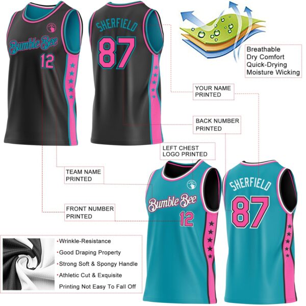 Custom Reversible Black Pink-Teal Double Side Star Sublimation Basketball Suit Jersey