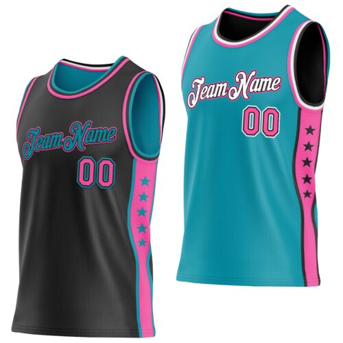 Custom Reversible Black Pink-Teal Double Side Star Sublimation Basketball Suit Jersey