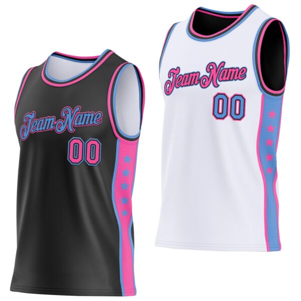 Custom Reversible Black Pink-Lakes Blue Double Side Star Sublimation Basketball Suit Jersey