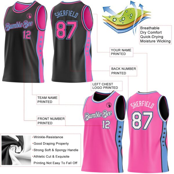 Custom Reversible Black Pink-Lakes Blue Double Side Star Sublimation Basketball Suit Jersey