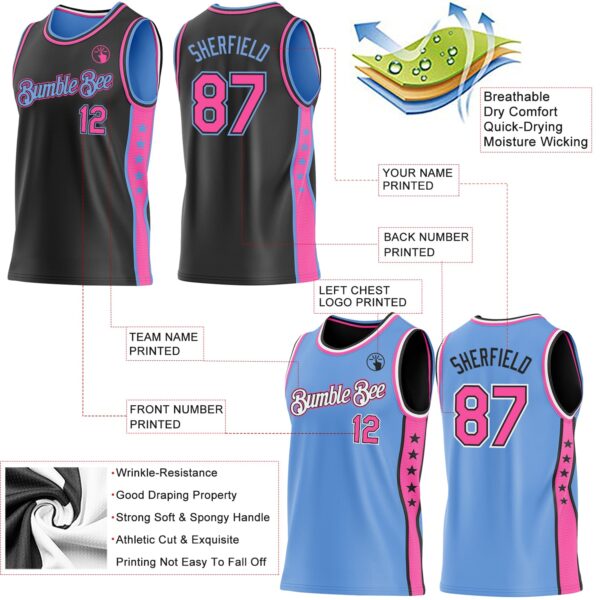 Custom Reversible Black Pink-Lakes Blue Double Side Star Sublimation Basketball Suit Jersey