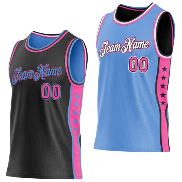 Custom Reversible Black Pink-Lakes Blue Double Side Star Sublimation Basketball Suit Jersey