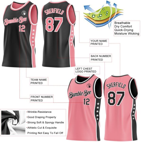 Custom Reversible Black Medium Pink-White Double Side Star Sublimation Basketball Suit Jersey