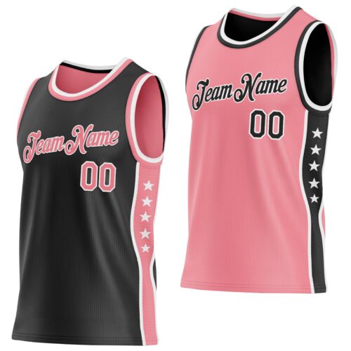 Custom Reversible Black Medium Pink-White Double Side Star Sublimation Basketball Suit Jersey