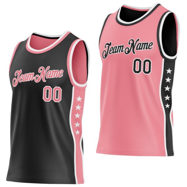 Custom Reversible Black Medium Pink-White Double Side Star Sublimation Basketball Suit Jersey